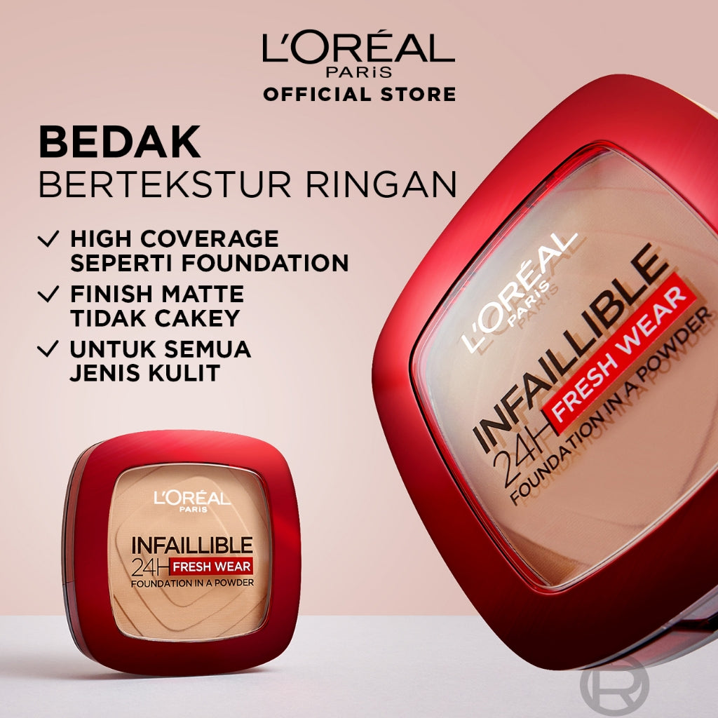 L'Oreal Paris Infallible 24h Fresh Wear Powder Foundation High Coverage, Fresh and Matte Finish Makeup - 9gr (Bedak Matte Tahan 24 Jam)