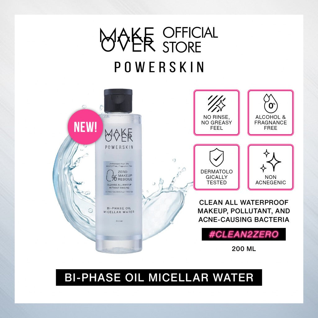 MAKE OVER Powerskin Bi-Phase Oil Micellar Water - Pembersih cleanser makeup sekali usap bersih total tanpa residu tidak menyumbat pori tidak membuat jerawat aman untuk kulit sensitif non-comedogenic