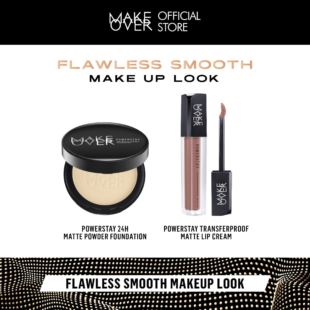 MAKE OVER Flawless Smooth Makeup Look - Powerstay 24H Matte Powder Foundation + Transferproof Matte Lip Cream - Paket Bedak Padat dan Lipcream Tahan Lama Ringan