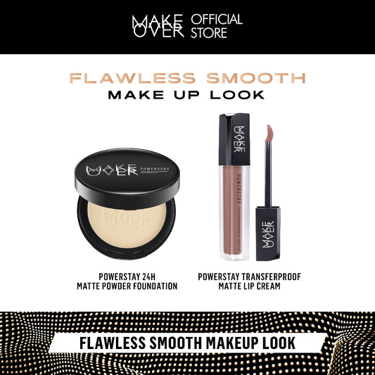 MAKE OVER Flawless Smooth Makeup Look - Powerstay 24H Matte Powder Foundation + Transferproof Matte Lip Cream - Paket Bedak Padat dan Lipcream Tahan Lama Ringan