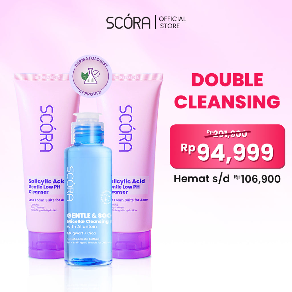 [PAKET DOUBLE CLEANSING IRIT] SCORA Gentle & Soothe Micellar Cleansing Water 100 ml + SCORA Salicylic Acid Gentle Low pH Cleanser 100 ml 2 PCS