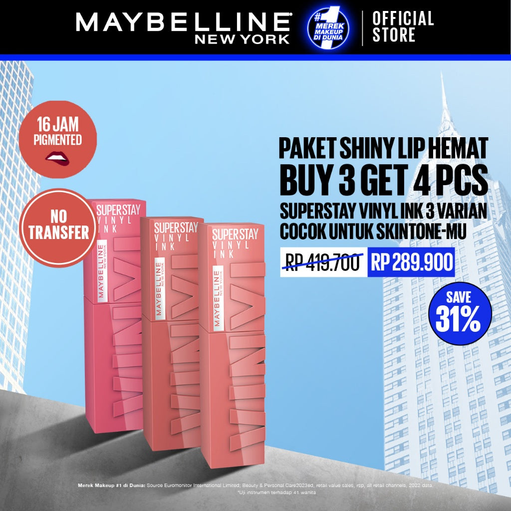 MAYBELLINE OFFICIAL LIP KIT Superstay Vinyl Ink 3 pcs - Shiny Pigmented Liquid Lipstik Lipstick Make Up Lipcream Longlasting Waterproof Viral Tahan Lama 16 jam