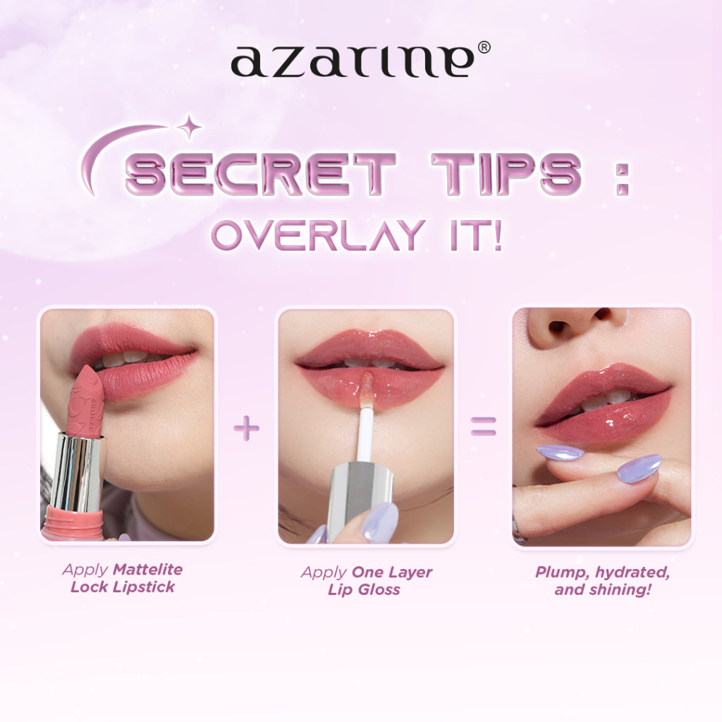 Azarine Shiny Galactic Mattelite Kit [2 PCS] Lipstick Matte with Pigmented Color Lightweight Transferproof Smugeproof Galactic Shine + Lip Gloss Hydrating Plumpy Effect Glittery Look Tahan Lama