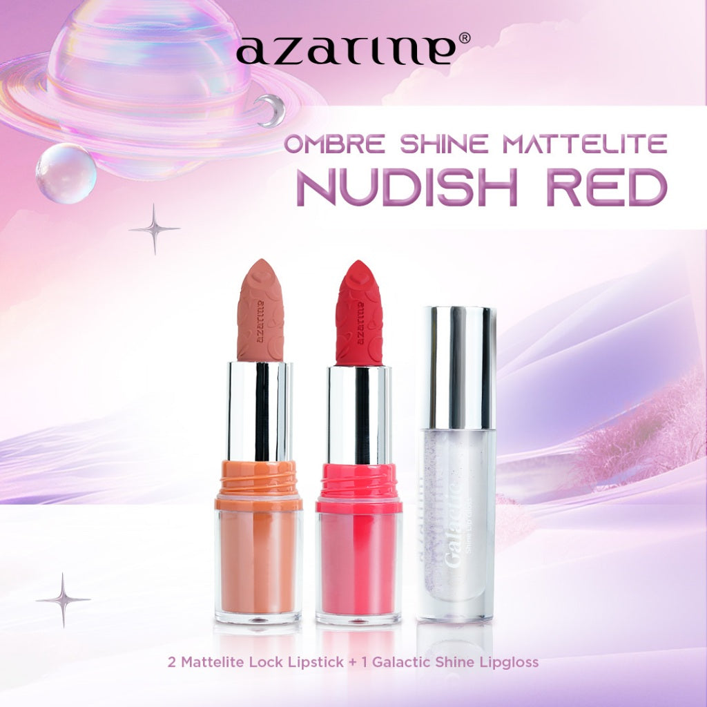 Azarine Ombre Shine Mattelite Kit [3 PCS] Lipstick Matte with Pigmented Color Lightweight Transferproof Smugeproof Galactic Shine + Lip Gloss Hydrating Plumpy Effect Glittery Look Tahan Lama