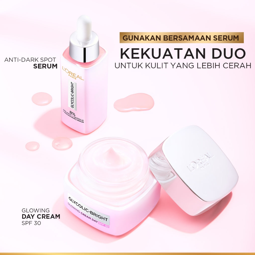 L'Oreal Paris Glycolic Bright Glowing Day Cream SPF 17/30 - 15/50ml (Krim Siang  Pelembab Loreal Glyco Acid AHA Exfoliating Anti Dark Spot Wajah Peeling Muka)