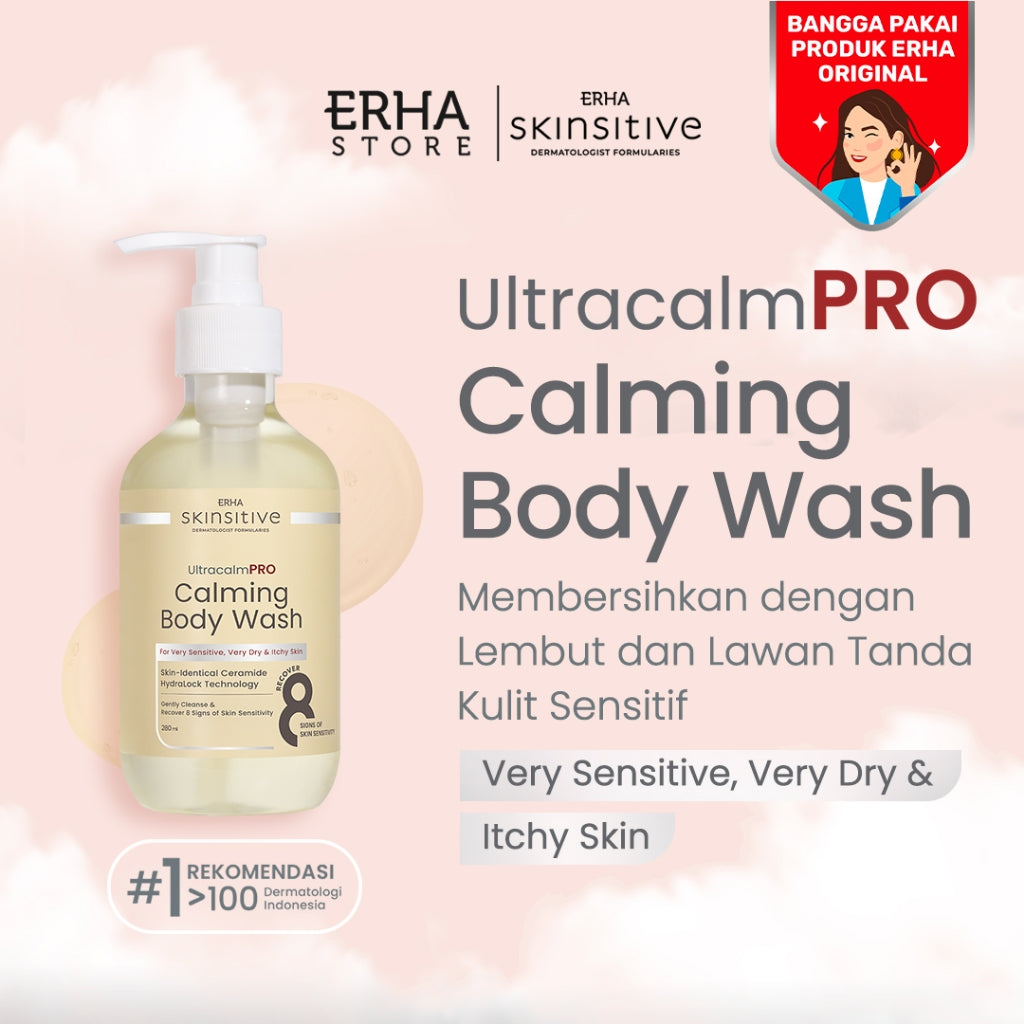 ERHA Skinsitive UltracalmPRO Calming Body Wash 280ml | Cocok Untuk Semua Jenis Kulit (Normal, Kering, Sensitif, Iritasi) | Gentle, Melembapkan dengan Ceramide, Hydrating, Calming | Aman untuk Anak 3 Tahun | Meredakan Kemerahan, Gatal, Kering | Untuk Eksim