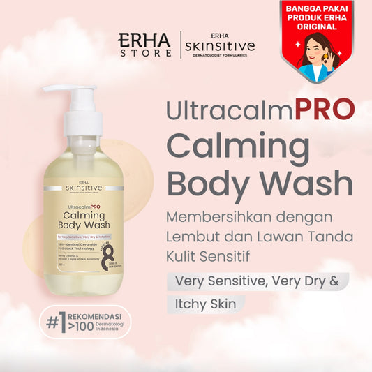 ERHA Skinsitive UltracalmPRO Calming Body Wash 280ml | Cocok Untuk Semua Jenis Kulit (Normal, Kering, Sensitif, Iritasi) | Gentle, Melembapkan dengan Ceramide, Hydrating, Calming | Aman untuk Anak 3 Tahun | Meredakan Kemerahan, Gatal, Kering | Untuk Eksim