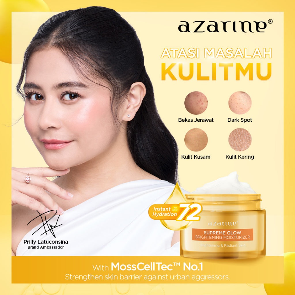 Azarine Flawless Glow Skin Combo [2 pcs] Paket Supreme Glow Moisturizer Mencerahkan Powder Foundation TWC Buildable Coverage with Instant Pore Blurring Effect and Glow Finish