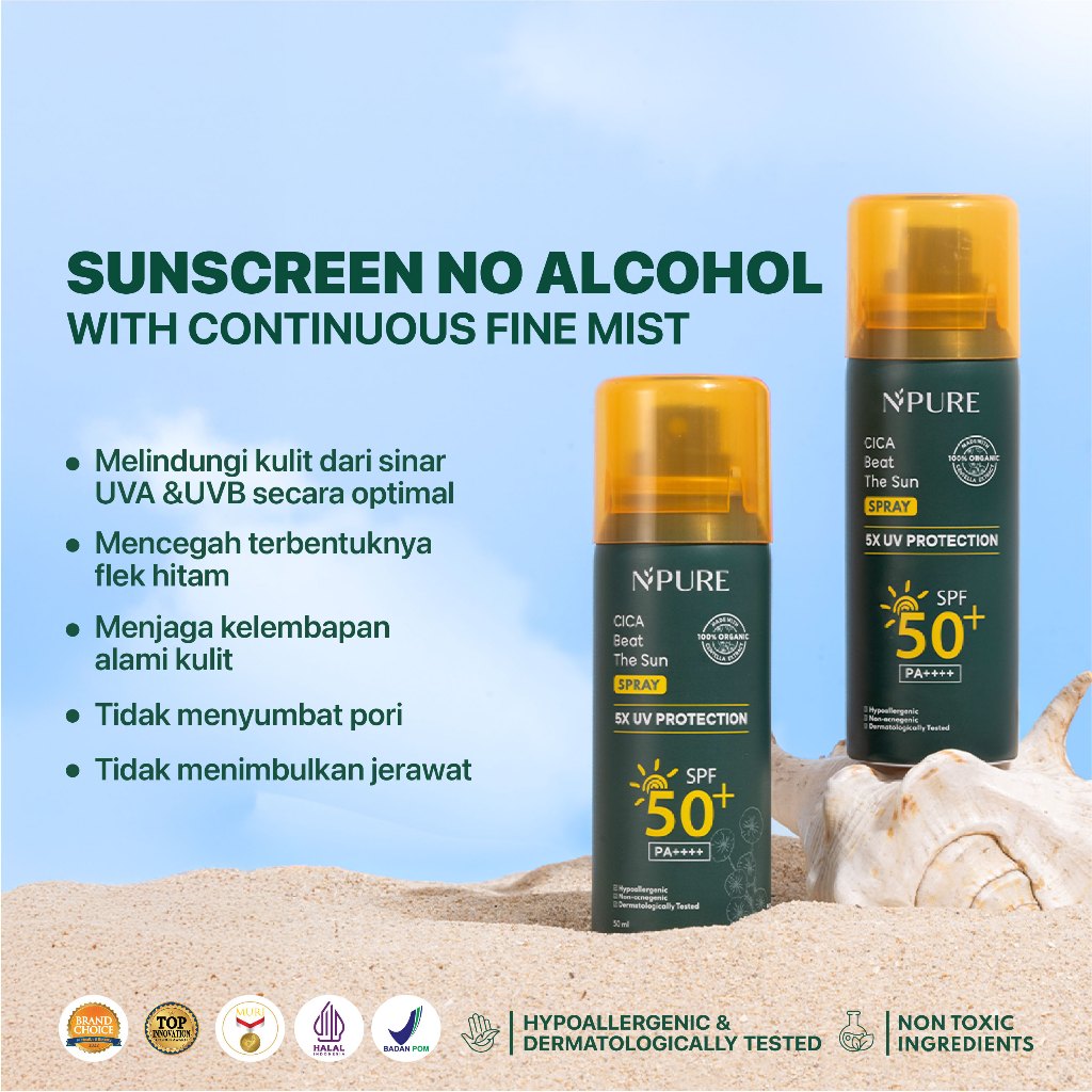 NPURE Cica Beat The Sun Spray Healthy Glow & SPF Protection SPF 50+ dan PA++++ / Sunscreen Spray / Sunscreen Organic Centella Extract /Sunscreen Kulit jerawat dan beruntusan /  Sunscreen kulit normal
