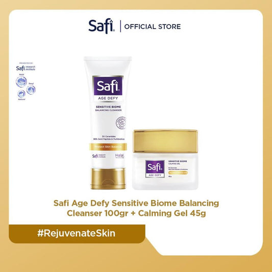 Paket Safi Age Defy Sensitive Biome - Balancing Cleanser 100gr+Calming Gel 45g | Sabun Cuci Muka Hypoallergenic Non SLS + Pelembap Gel Ringan untuk Kulit Sensitif, Anti Polusi