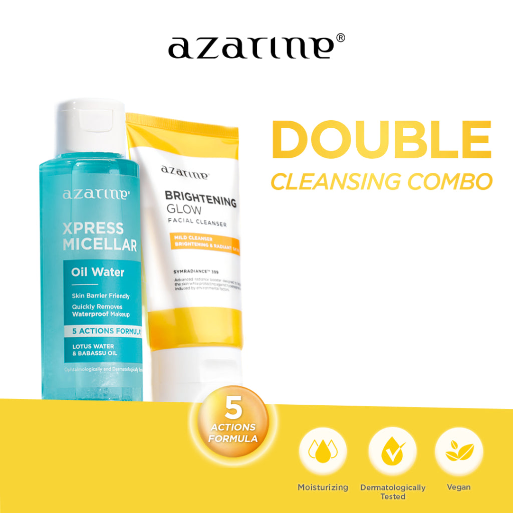Azarine Double Cleanse Glow Skin Combo [2 pcs] Paket Deep Cleansing Brightening Glow Face Wash Mencerahkan Micellar Water Xpress Oil Untuk Semua Jenis Kulit