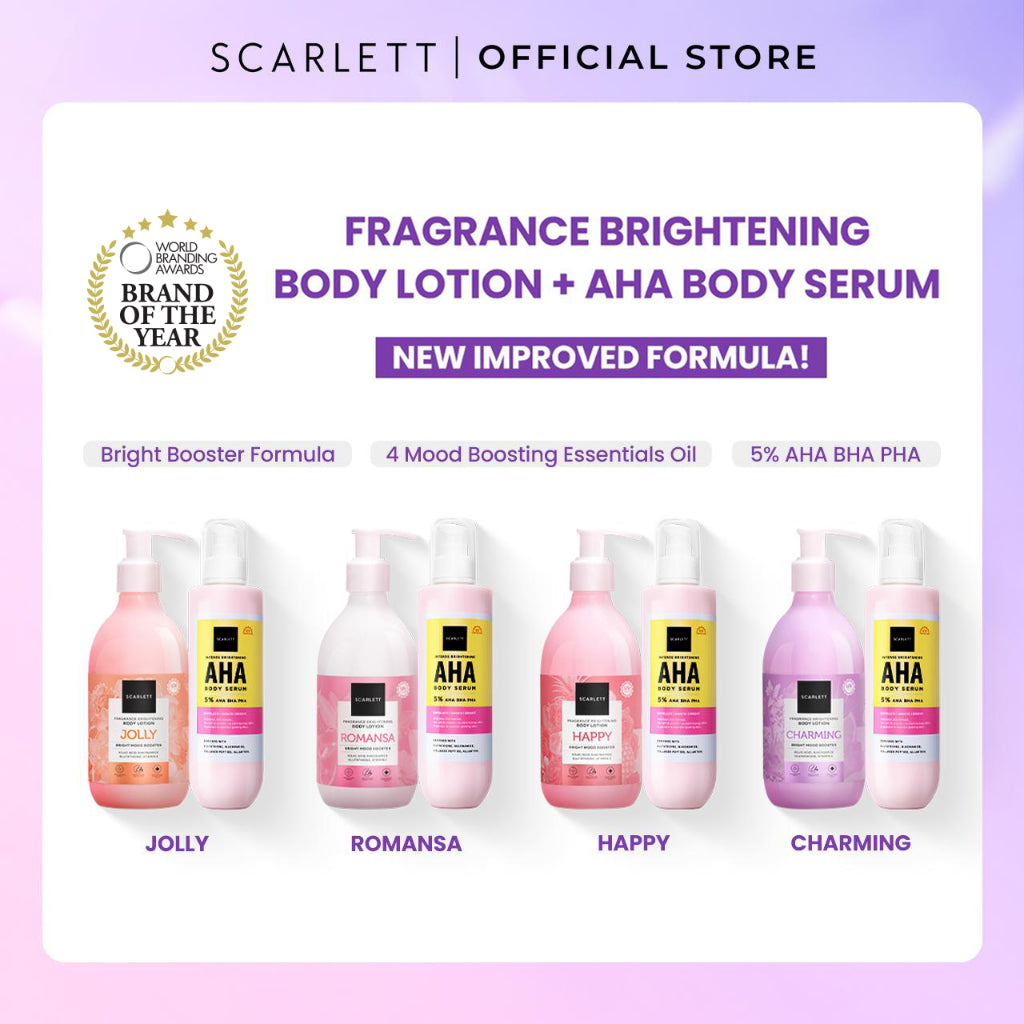 SCARLETT Bundle Intense Brightening AHA Body Serum + Fragrance Brightening Body Lotion Bright Mood Booster 5% AHA BHA PHA +4 Essential Oils 3x Brightening Power | Intense Membantu Mencerahkan Kulit Meratakan Warna Kulit Menenangkan Wangi Tahan Seharian