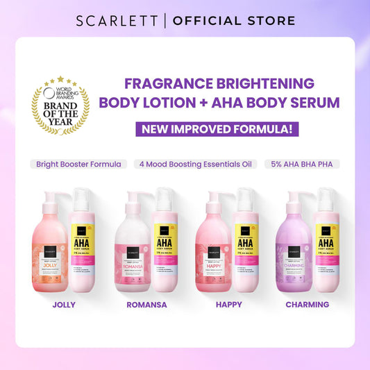 SCARLETT Bundle Intense Brightening AHA Body Serum + Fragrance Brightening Body Lotion Bright Mood Booster 5% AHA BHA PHA +4 Essential Oils 3x Brightening Power | Intense Membantu Mencerahkan Kulit Meratakan Warna Kulit Menenangkan Wangi Tahan Seharian