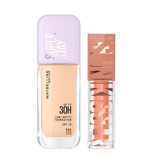 MAYBELLINE OFFICIAL Gold Up Bundle Superstay Lumi Matte Liquid Foundation + Sunkisser Liquid Blush Highlighter | Full coverage transferproof Waterproof ringan makeup tahan lama blendable buildable