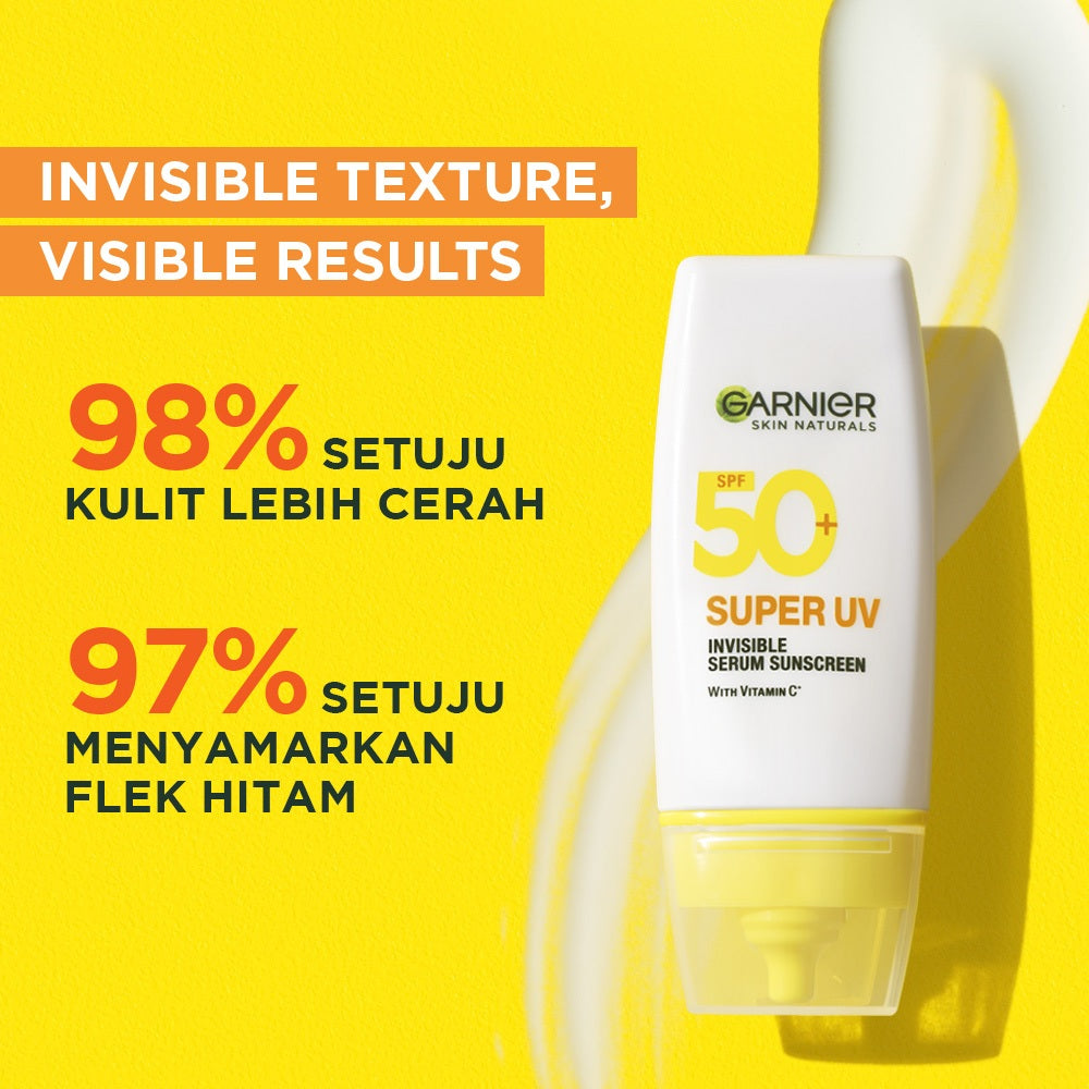 GARNIER Super UV Invisible Serum Sunscreen SPF 50+ PA++++ Vitamin C Skincare - 30ml Sunblock Mencerahkan Wajah sunscreen spf 50 pa ++++