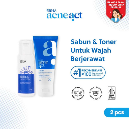 ERHA Acneact Bundle Acne Cleanser Scrub Beta Plus (ACSBP) 60g & Clarifying Toner 60ml - Sabun & Toner Jerawat