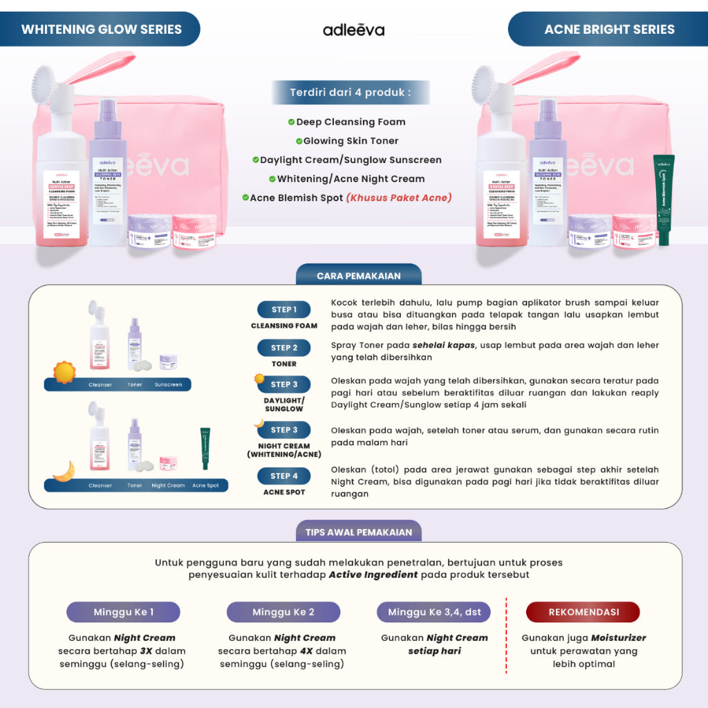 ADLEEVA - (Paket Pemula ISI 4) WHITENING Glow Booster / ACNE Bright Series Basic