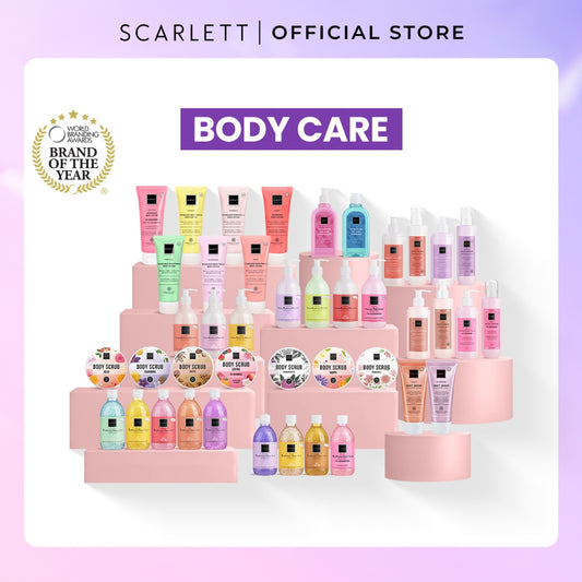 SCARLETT Body Care All Series - Body Scrub, Shower Scrub, Shower Gel, Body Serum, Body Lotion, Body Cream, Tube | Perawatan Tubuh Mencerahkan Melembutkan Eksfoliasi Kulit Melembabkan Kulit, Kulit Sehat Cerah Bersinar Wangi Seharian