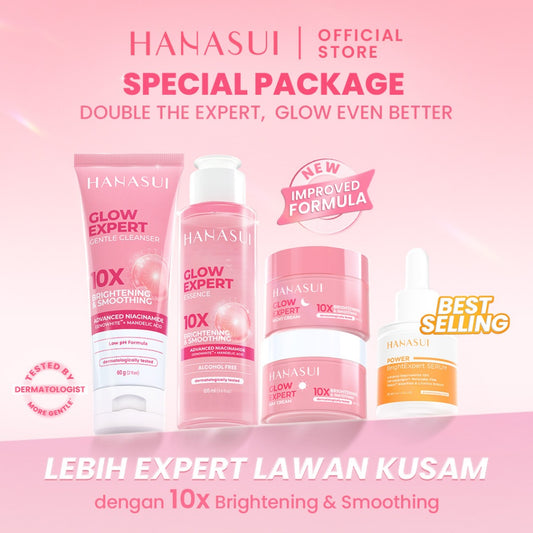 [Special Package] Hanasui Double Expert, Glow Better Set 4 pcs + Power Bright Expert Serum - Real 10% Advance Nianicinamide Menyamarkan Bintik Hitam Bekas Jerawat New Improved Formula