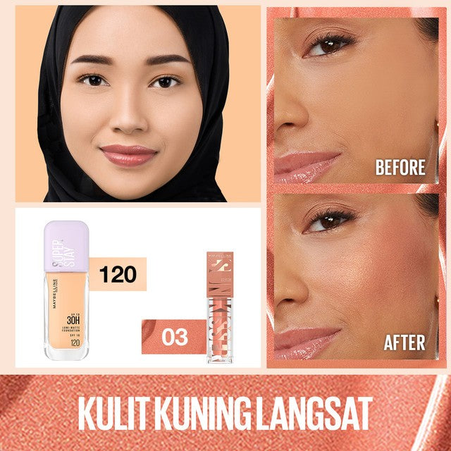 MAYBELLINE OFFICIAL Gold Up Bundle Superstay Lumi Matte Liquid Foundation + Sunkisser Liquid Blush Highlighter | Full coverage transferproof Waterproof ringan makeup tahan lama blendable buildable