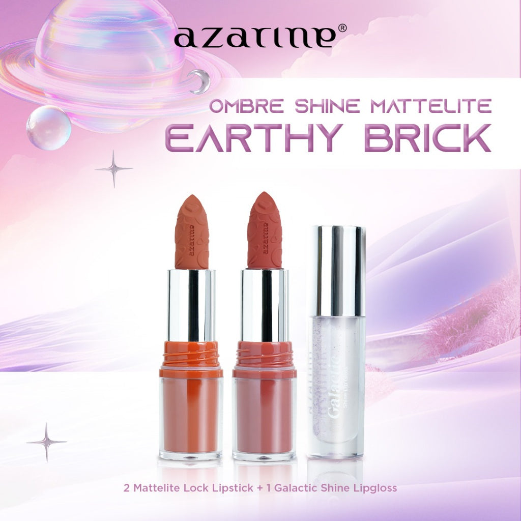 Azarine Ombre Shine Mattelite Kit [3 PCS] Lipstick Matte with Pigmented Color Lightweight Transferproof Smugeproof Galactic Shine + Lip Gloss Hydrating Plumpy Effect Glittery Look Tahan Lama