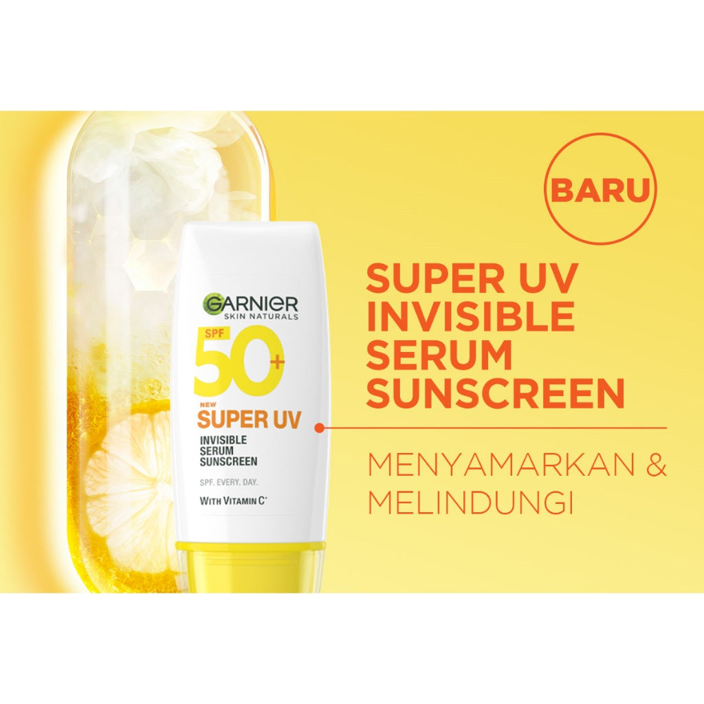 GARNIER Super UV Invisible Serum Sunscreen SPF 50+ PA++++ Vitamin C Skincare - 30ml Sunblock Mencerahkan Wajah sunscreen spf 50 pa ++++