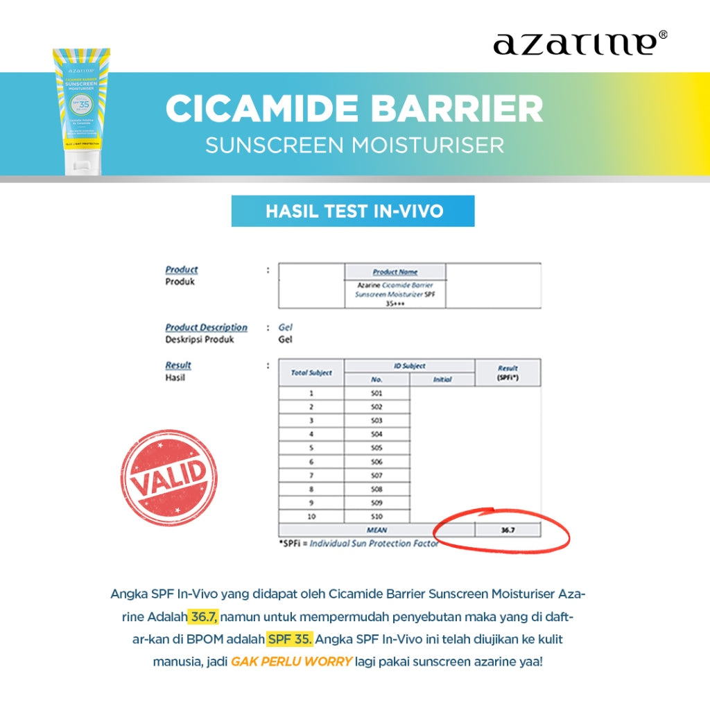 Azarine Cicamide Barrier Sunscreen Moisturiser SPF35 PA+++ [LOLOS UJI INVIVO INVITRO] Sunscreen Gel Untuk Skin Barrier Protection Sunscreen Kulit Kering Berjerawat Sensitif 40ml