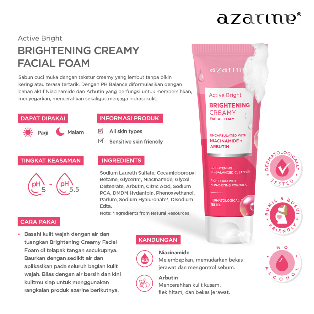 Azarine Active Bright - Brightening Creamy Facial Foam 50gr Sabun Cuci Muka Mencerahkan dan Menghidrasi Kulit