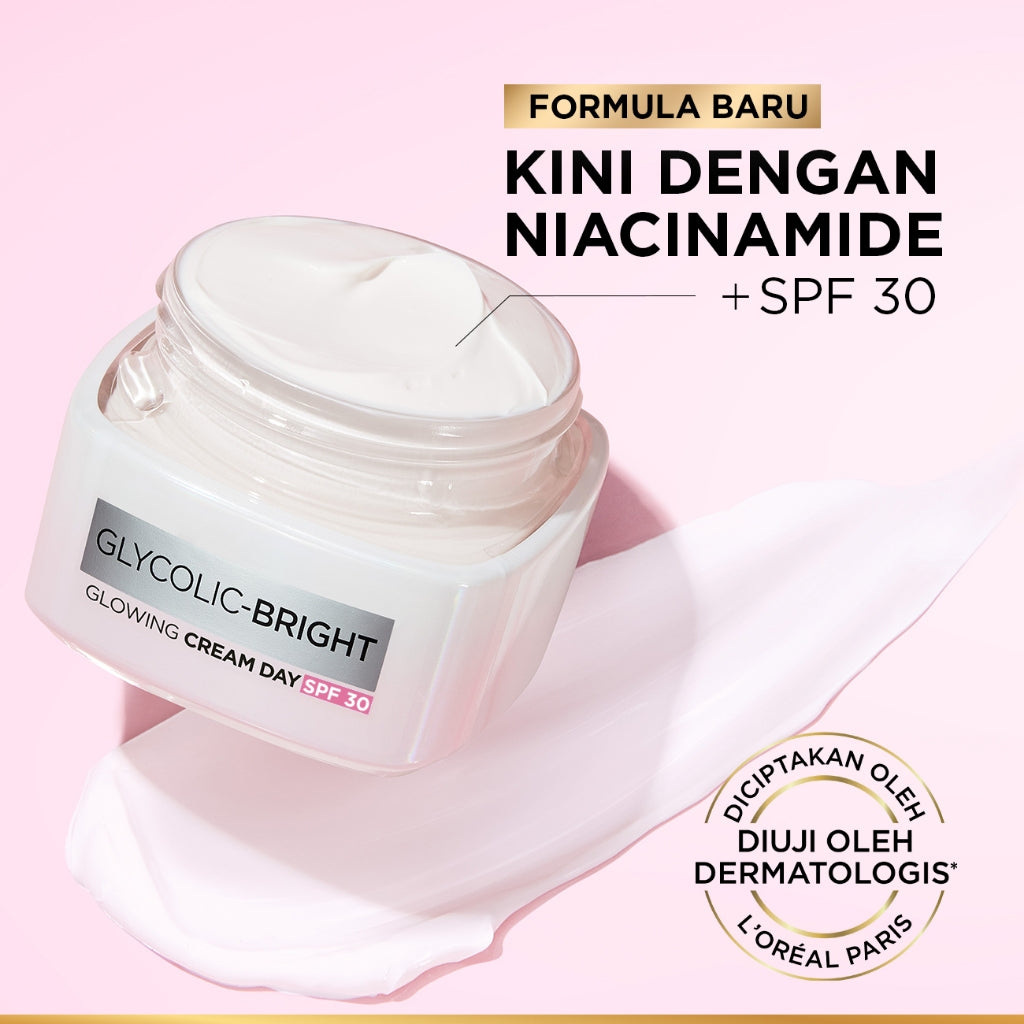 L'Oreal Paris Glycolic Bright Glowing Day Cream SPF 17/30 - 15/50ml (Krim Siang  Pelembab Loreal Glyco Acid AHA Exfoliating Anti Dark Spot Wajah Peeling Muka)