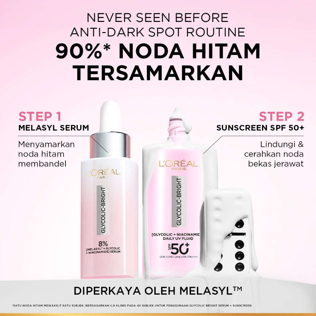 [NEW LAUNCH!] GLYCOLIC - BRIGHT ANTI DARK-SPOT DAILY UV FLUID SPF 50+ l 50ml l SUNSCREEN PERTAMA UNTUK MENYAMARKAN NODA HITAM, BEKAS JERAWAT, DAN MENCERAHKAN l TABIR SURYA, SPF, SUNBLOK, SUN SCREEN