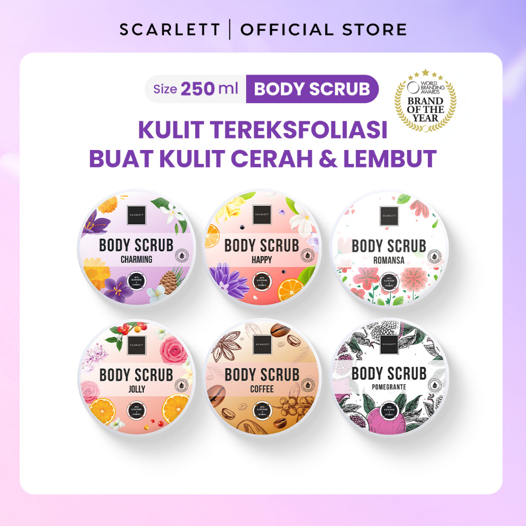 SCARLETT Body Scrub 250ml | Membantu Mengeksfoliasi Melembutkan Mencerahkan Kulit Mengangkat Sel Kulit Mati | Kulit Cerah Sehat dengan Wangi Mewah