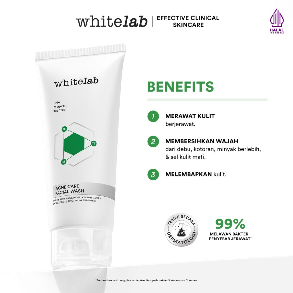 Whitelab Acne Care Facial Wash - Sabun Cuci Muka Untuk Kulit Jerawat Kontrol Minyak Berlebih Anti Bakteri dengan Mugwort, Tea Tree & BHA [BPOM]