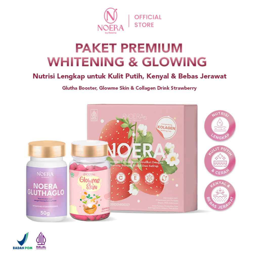 Noera Paket Premium Whitening & Glowing | Collagen Drink, Glow Me Skin, Glutha Booster | Improved Formula