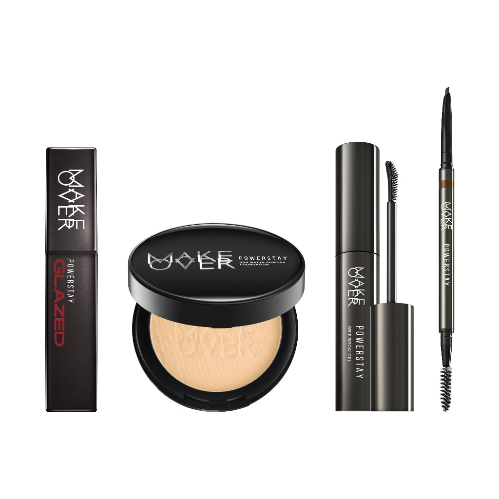 MAKE OVER Powerstay Bundle - Powerstay Glazed Lock + Matte Powder Foundation + Micro Brow Sculptor + Grip Brow Gel - Powerstay Best Seller Bundle