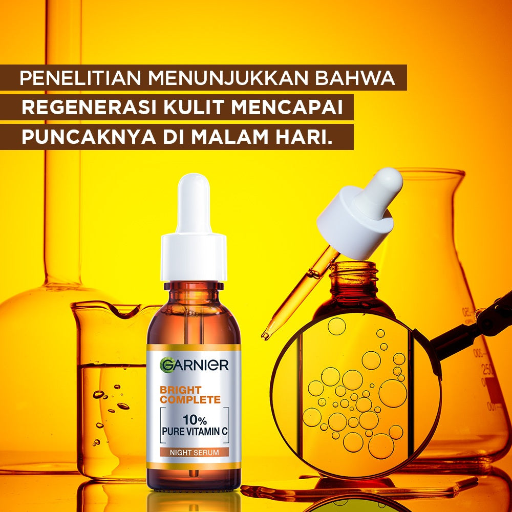 GARNIER Serum Bright Complete Overnight PURE VITAMIN C Serum 15ml 30ml - Skincare Mencerahkan Wajah Vitamin C Cocok untuk semua jenis kulit Serum Malam