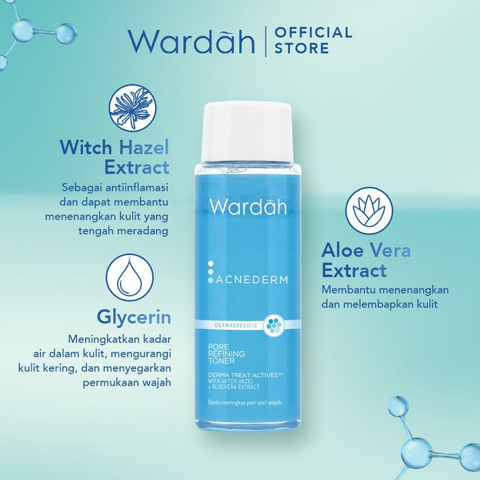WARDAH 2% Witch Hazel + 1% Zinc Gluconate Acnederm Pore Refining Toner 100 ml - Toner Jerawat yang Mencerahkan Kulit, Menyamarkan Noda Bekas Jerawat - Mengurangi Kemerahan dan Mengontrol Minyak Berlebih - Skincare