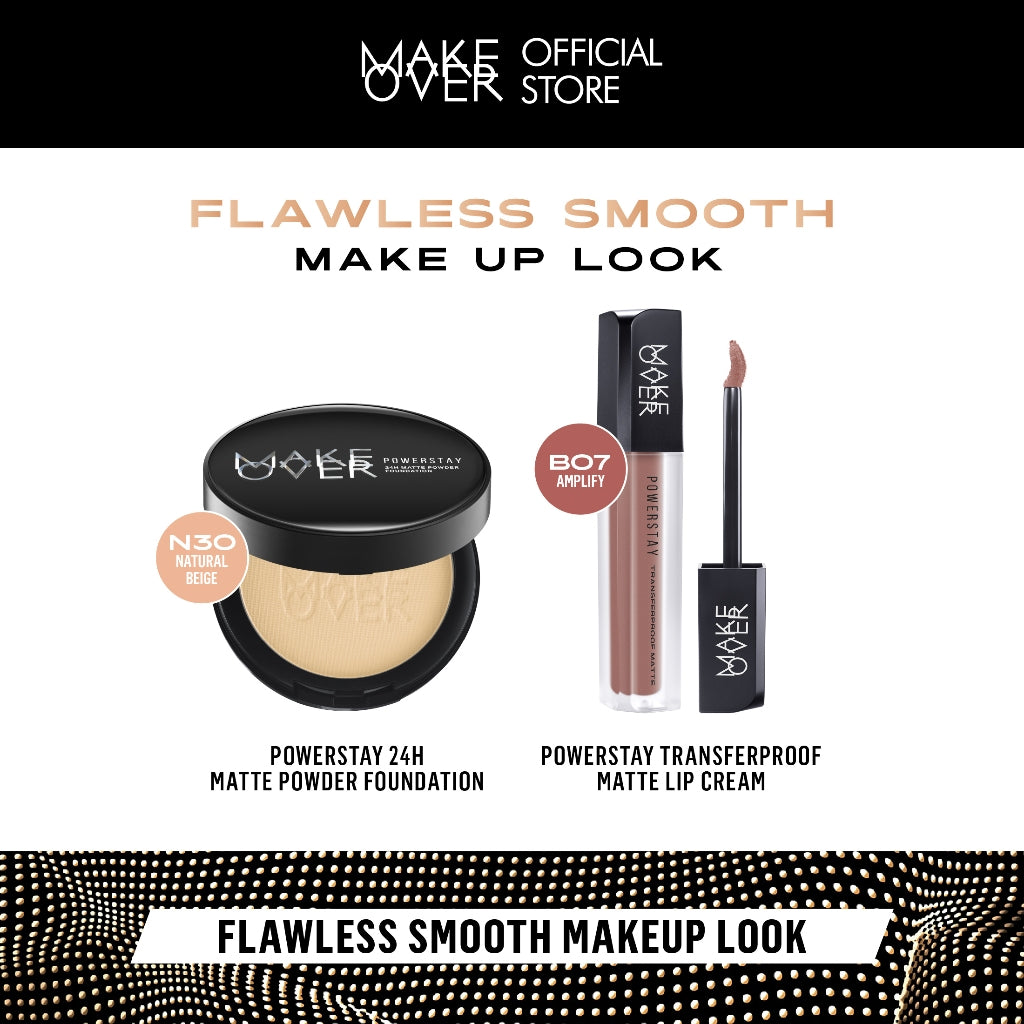MAKE OVER Flawless Smooth Makeup Look - Powerstay 24H Matte Powder Foundation + Transferproof Matte Lip Cream - Paket Bedak Padat dan Lipcream Tahan Lama Ringan