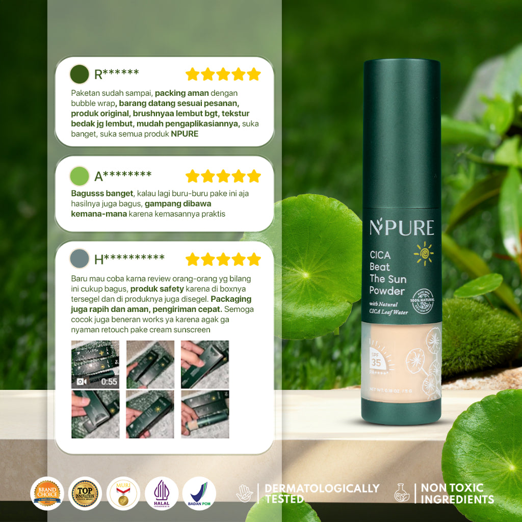 NPURE Sunscreen Powder Cica / Beat the Sun Powder / Sunscreen Bedak & Brush / Bedak Bebas Kilap Minyak