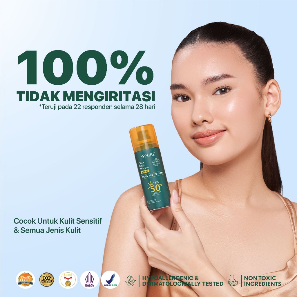 NPURE Cica Beat The Sun Spray Healthy Glow & SPF Protection SPF 50+ dan PA++++ / Sunscreen Spray / Sunscreen Organic Centella Extract /Sunscreen Kulit jerawat dan beruntusan /  Sunscreen kulit normal