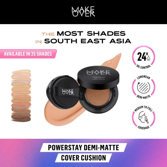 MAKE OVER Powerstay Demi-Matte Cover Cushion - Cushion Matte High Coverage Foundation Compact Ringan Oil Control Make Up Wajah Tahan Lama 24 Jam Non-Comedogenic BEST SELLER Concealer Make Up