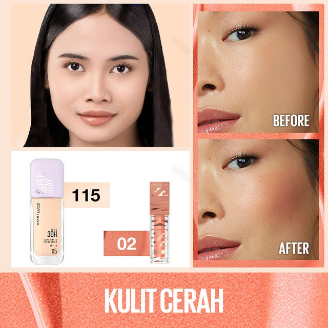 MAYBELLINE OFFICIAL Gold Up Bundle Superstay Lumi Matte Liquid Foundation + Sunkisser Liquid Blush Highlighter | Full coverage transferproof Waterproof ringan makeup tahan lama blendable buildable