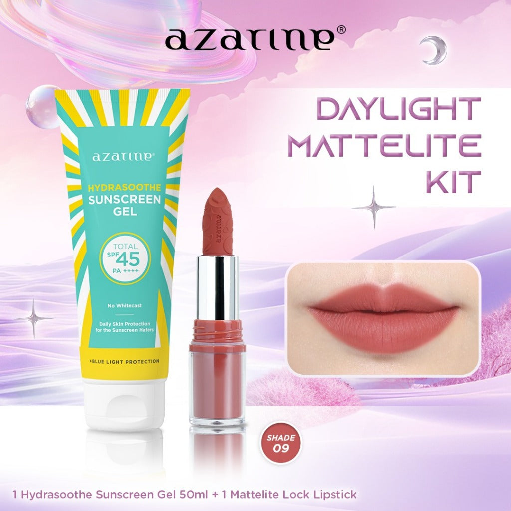 Azarine Daylight Mattelite Kit [2 PCS] Lipstick Matte with Pigmented Color Transferproof Smugeproof Tahan Lama + Hydrasoothe Sunscreen Gel 50 ml SPF 45 PA++++ BEST SELLER Untuk Semua Jenis Kulit