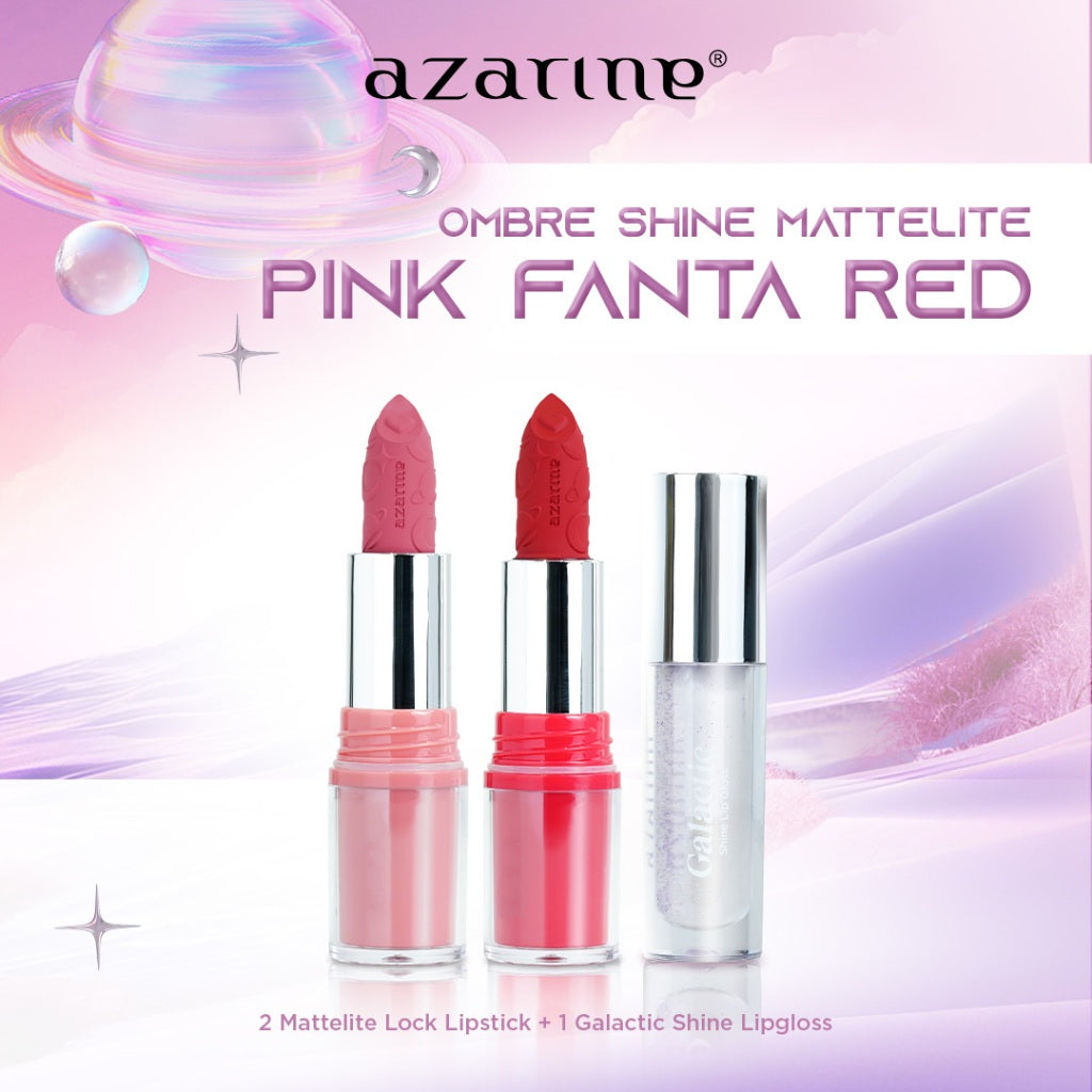 Azarine Ombre Shine Mattelite Kit [3 PCS] Lipstick Matte with Pigmented Color Lightweight Transferproof Smugeproof Galactic Shine + Lip Gloss Hydrating Plumpy Effect Glittery Look Tahan Lama
