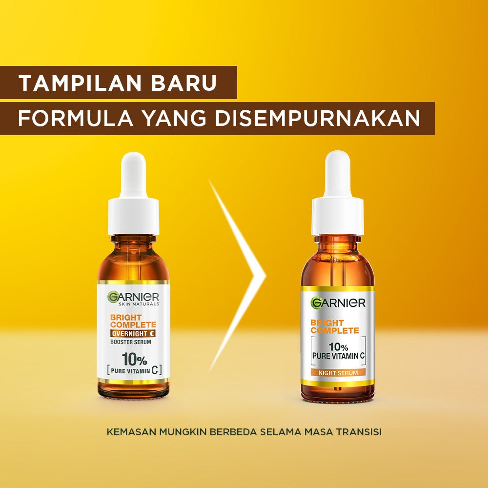 GARNIER Serum Bright Complete Overnight PURE VITAMIN C Serum 15ml 30ml - Skincare Mencerahkan Wajah Vitamin C Cocok untuk semua jenis kulit Serum Malam