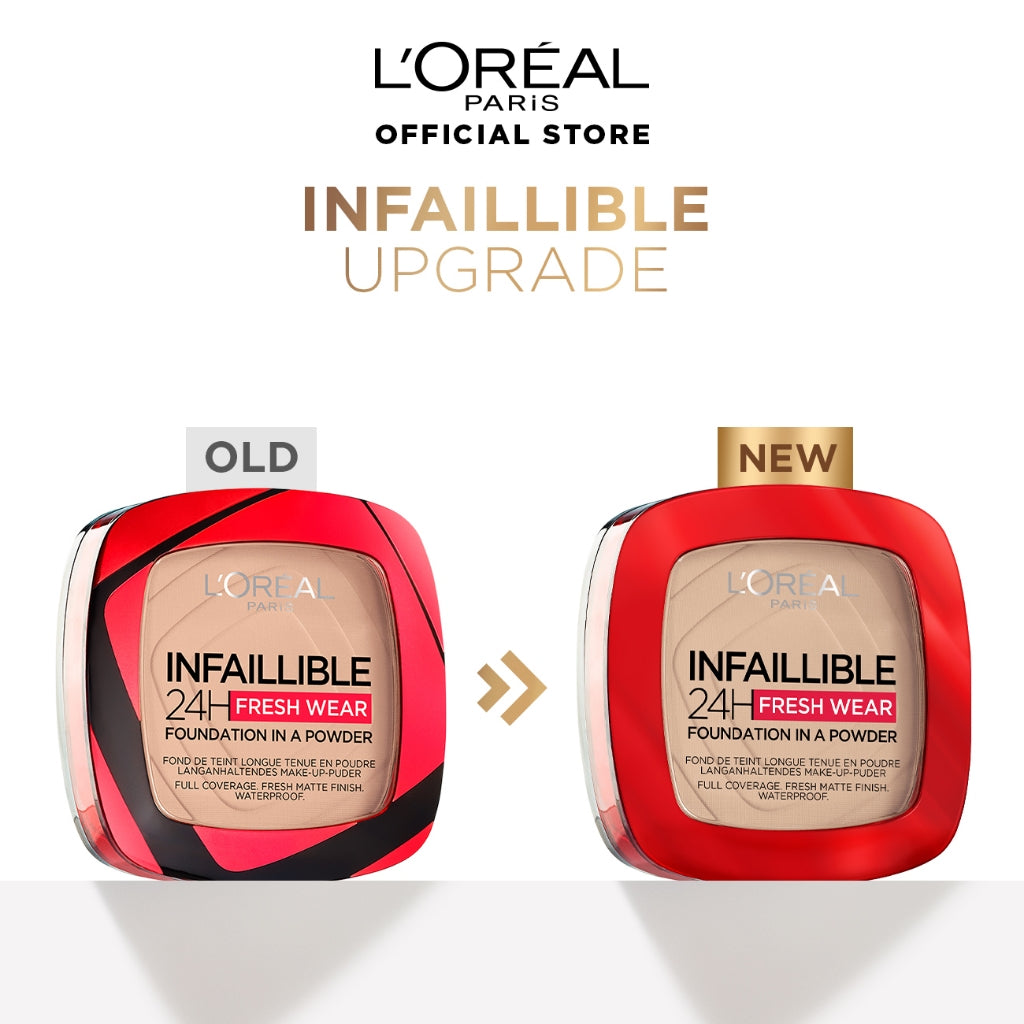 L'Oreal Paris Infallible 24h Fresh Wear Powder Foundation High Coverage, Fresh and Matte Finish Makeup - 9gr (Bedak Matte Tahan 24 Jam)