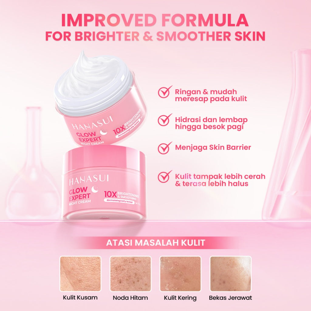 Hanasui Glow Expert Night Cream New Improved Formula - Gel Cream Ringan & Kunci Kelembaban Mencerahkan & Menghaluskan - Niacinamide & Genowhite