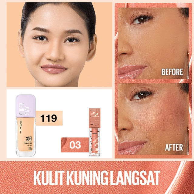 MAYBELLINE OFFICIAL Gold Up Bundle Superstay Lumi Matte Liquid Foundation + Sunkisser Liquid Blush Highlighter | Full coverage transferproof Waterproof ringan makeup tahan lama blendable buildable