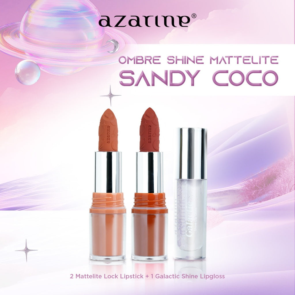 Azarine Ombre Shine Mattelite Kit [3 PCS] Lipstick Matte with Pigmented Color Lightweight Transferproof Smugeproof Galactic Shine + Lip Gloss Hydrating Plumpy Effect Glittery Look Tahan Lama