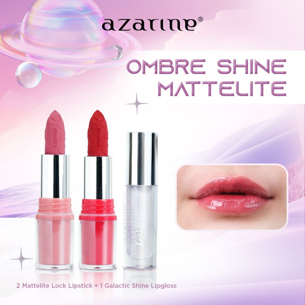 Azarine Ombre Shine Mattelite Kit [3 PCS] Lipstick Matte with Pigmented Color Lightweight Transferproof Smugeproof Galactic Shine + Lip Gloss Hydrating Plumpy Effect Glittery Look Tahan Lama