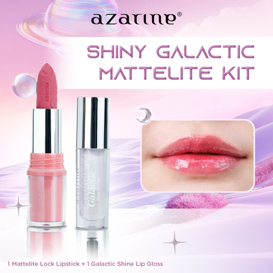 Azarine Shiny Galactic Mattelite Kit [2 PCS] Lipstick Matte with Pigmented Color Lightweight Transferproof Smugeproof Galactic Shine + Lip Gloss Hydrating Plumpy Effect Glittery Look Tahan Lama